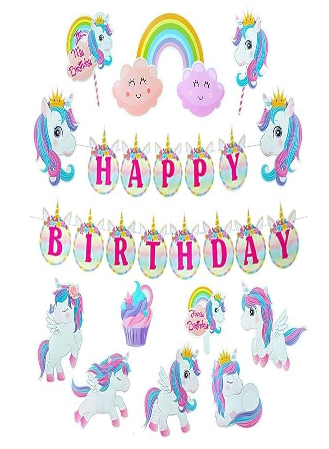 Partyjoy 16 Pieces Unicorn Happy Birthday Banner with Cake Topper Set, Multicolor, , Party Decoration Supplies happy birthday unicorn banner set of 1 - Image 1